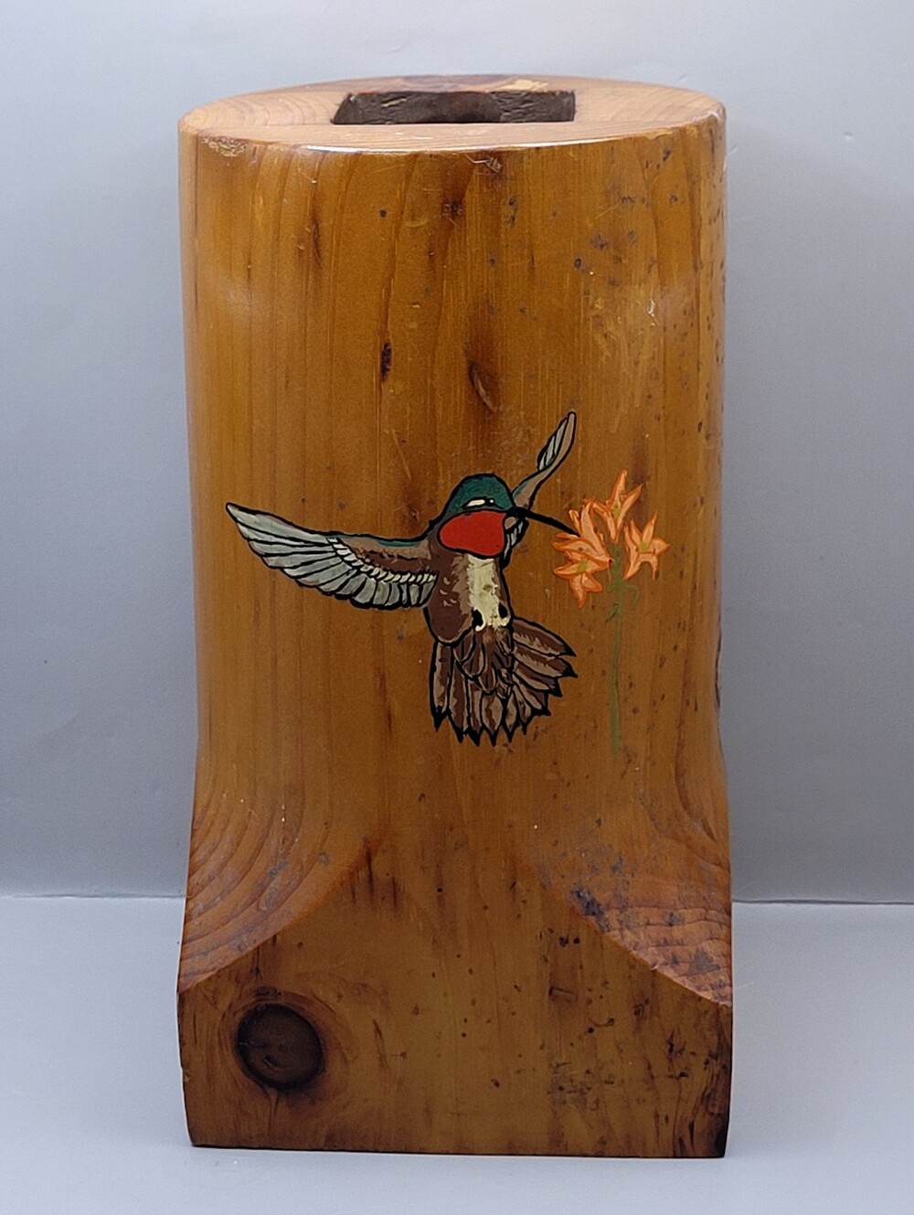 Vintage Hand Painted Solid Wood Hummingbird Flower Vase Rustic Log Planter 10"